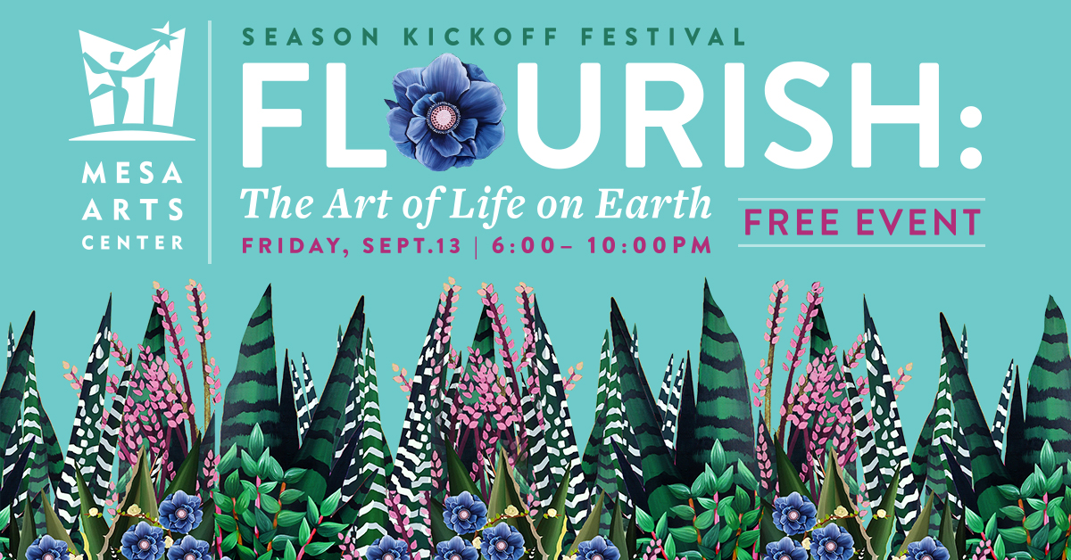 Flourish festival artwork with plants and flowers